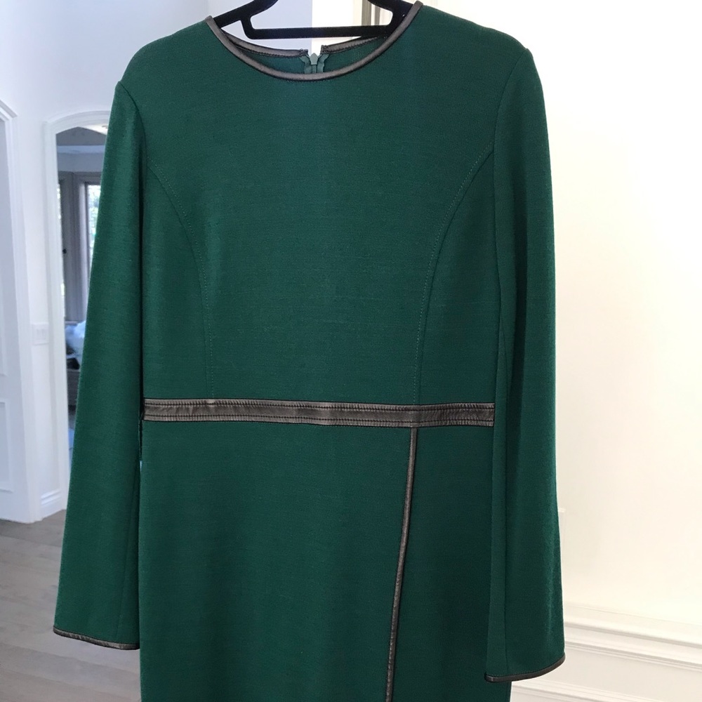 NEW St. John Green Dress Leather Trim Sz. 10